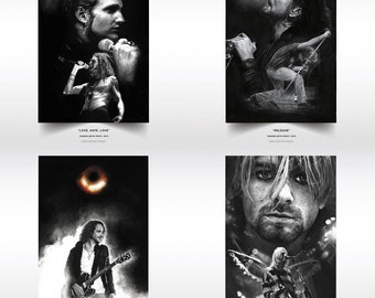 Grunge Print Pack Vol. 1 drawings - Alice In Chains print, Layne Staley, Chris Cornell print - Kurt Cobain Nirvana Rock n Roll - Wall Art