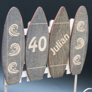 Personalized Surfboard Cake Topper: Engraved Wood, Coastal Theme