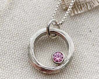 Silver infinity necklace with pink crystal gemstone, handmade, sterling silver open circle necklace, birthday gift,  UK