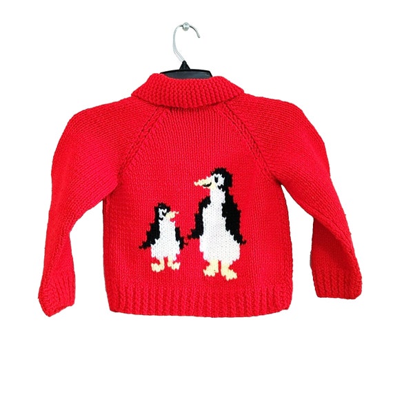 Vintage Kids Cowichan Red Sweater Penguins Hand K… - image 4
