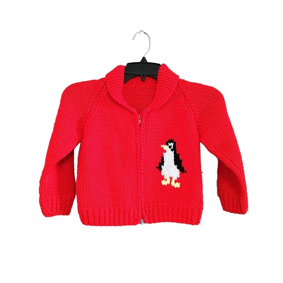 Vintage Kids Cowichan Red Sweater Penguins Hand K… - image 1