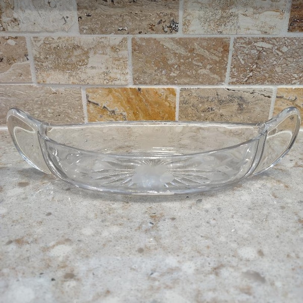 Vintage Princess House Canoe Shaped Etched Floral Motif Glass Relish/Pickle/Candy Dish