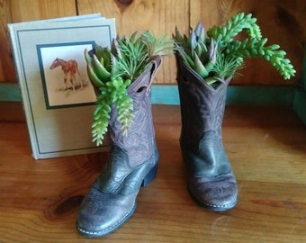 Realistic Looking Artificial Succulent Arrangements Home Decor Designed in Children's Western Cowboy Boots Plant Lover's Bookends
