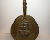 Vintage embossed brass antique Tea Caddy-shaped pot with wood and decoration (rare) ship cue