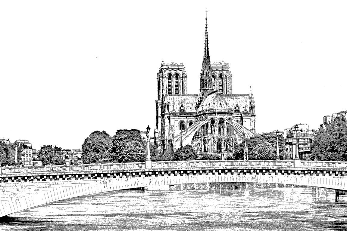 Lithographie de La Cathédrale Notre Dame Paris, Impression en Blanc Jaune ou Orange A4 sur Papier Ma