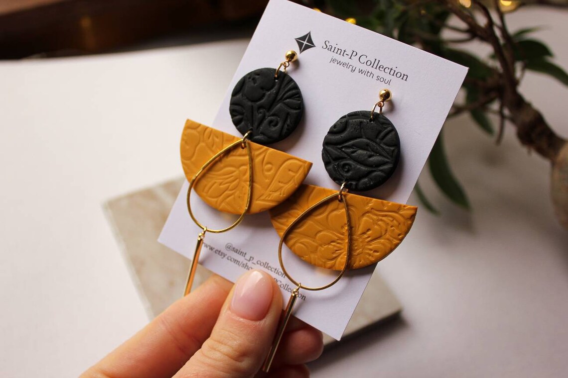 Mustard yellow black dangle earrings Polymer clay earrings Etsy