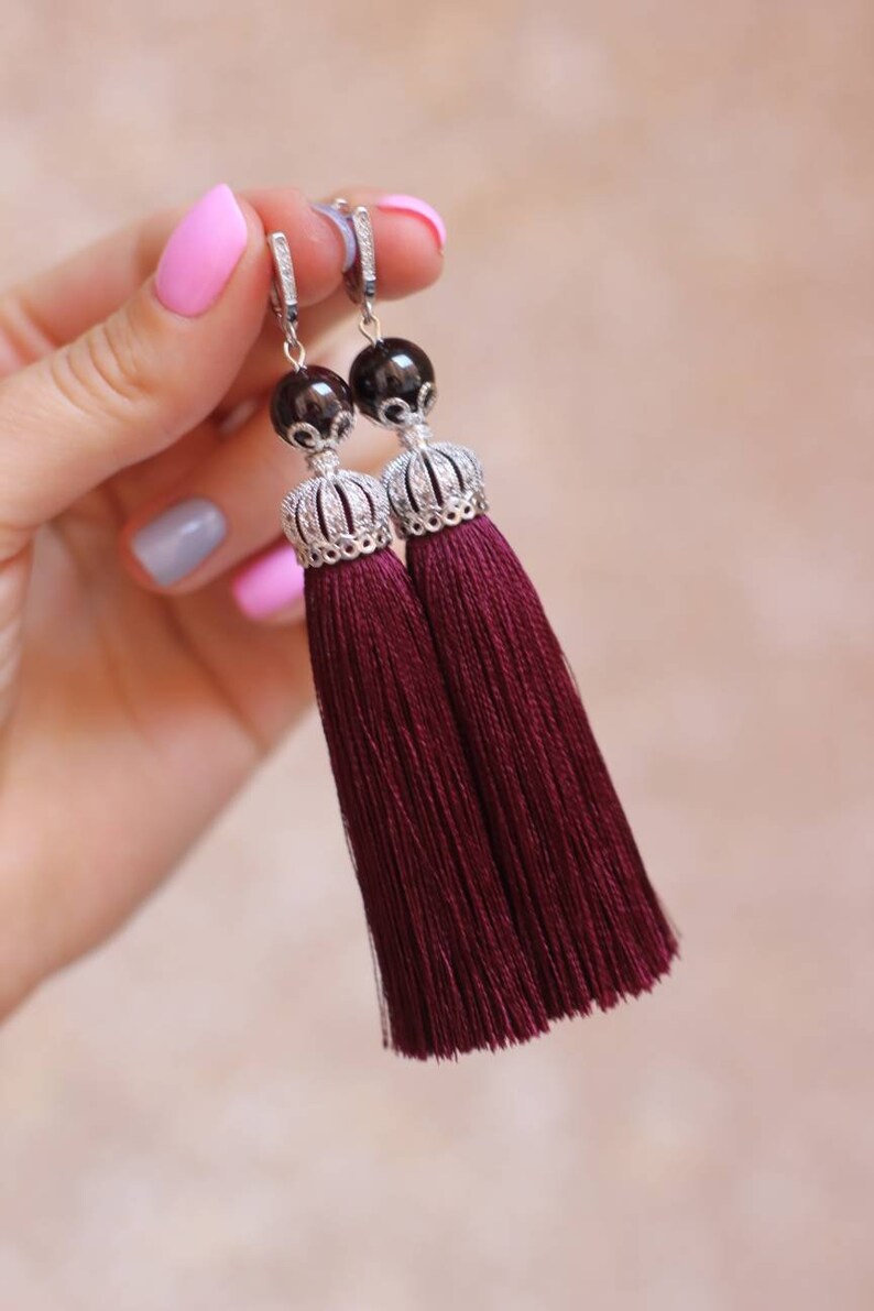 tassel earrings wine colored earrings burgundy silk Etsy
