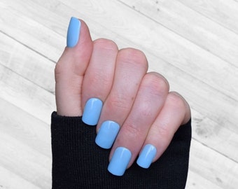 Cinderella Blue Glossy Press On Nails | Full Set | Glue On False Nails | At Home Manicure | Short Square | Artificial | Trendy Nails