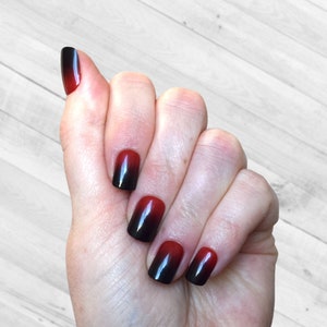 Squoval shaped nails in an Ombre design that moves from black at the tips to Cherry Red at the base. The top of the nails are a rounded square. They are a short to medium length. The nails are applied with glue or glue tab application.