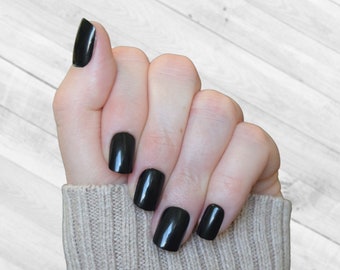 Raven Black Glossy Press On Nails, Nails for Moms, Glue On Nails, Home Manicure, Short Square, Squoval Nails, Classic Nails