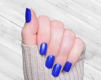 Varsity Blue Glossy Press On Nails | Full Set | Glue On Nails | At Home Manicure | Short Square | Artificial Nails, Christmas Nails | Trendy