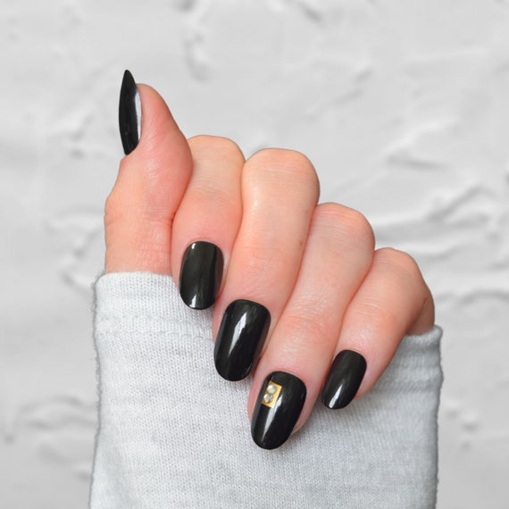 Black Almond Press on Nails With Rhinestones Almond Nails 