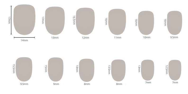 Squoval Nail Chart with 12 sizes of nails. There are 2 nails of each size in the box for a total of 24 nails.