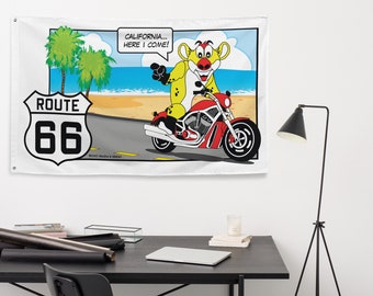 Bannière drapeau, bannière murale, décoration de chambre Route 66, drapeau Route 66, suspension murale, tapisserie, Hunter Hyena Riding Route 66, Californie