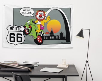 Banner vlag, muur banner, Route 66 kamer decor, Route 66 vlag, muur opknoping, tapijt, Matt Lion Riding Route 66, Missouri