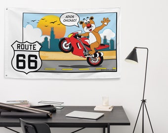 Banner vlag, muur banner, Route 66 kamer decor, Route 66 vlag, muur opknoping, tapijt, Tobby Bear Riding Route 66, Illinois