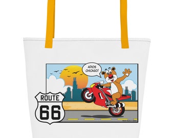 Beach Tote Bag, Tote Bag Route 66, Tote Bag for Beach, Route 66 Gift Bag, Tobby Bear Riding Route 66, Illinois