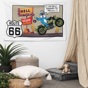 Banner Flag, Wall Banner, Route 66 Room Decor, Route 66 Flag, Wall Hanging, Tapestry, Danny Dog Riding Route 66, Arizona