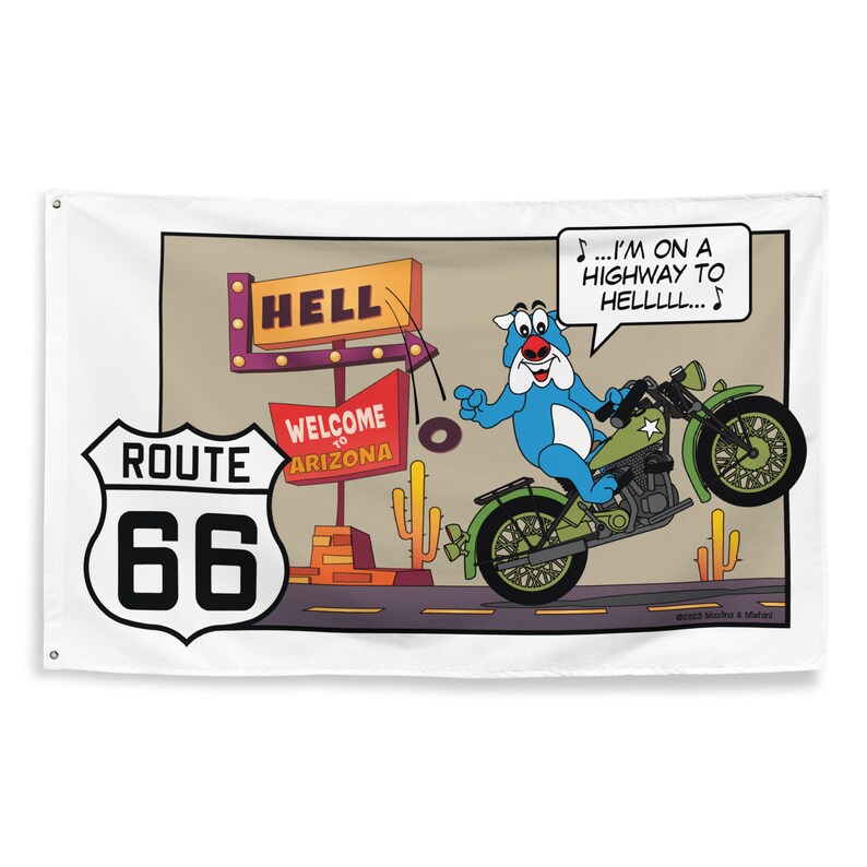 Banner Flag, Wall Banner, Route 66 Room Decor, Route 66 Flag, Wall Hanging, Tapestry, Danny Dog Riding Route 66, Arizona