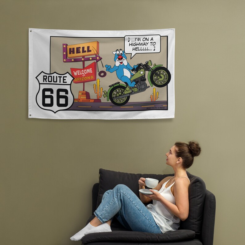 Banner Flag, Wall Banner, Route 66 Room Decor, Route 66 Flag, Wall Hanging, Tapestry, Danny Dog Riding Route 66, Arizona