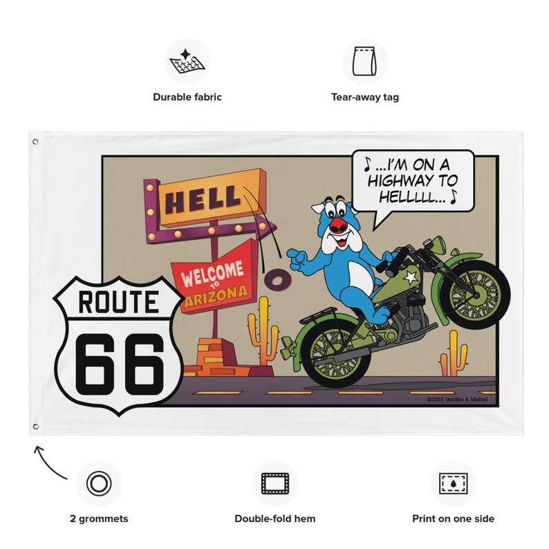 Banner Flag, Wall Banner, Route 66 Room Decor, Route 66 Flag, Wall Hanging, Tapestry, Danny Dog Riding Route 66, Arizona