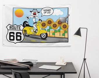 Banner vlag, muur banner, Route 66 kamer decor, Route 66 vlag, muur opknoping, tapijt, Dora Sheep Riding Route 66, Kansas