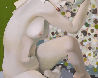 Nude art oil painting on canvas 46x61x2,5 cm green pastel towel bathroom decor clean box frame linen erotic not framed one of kind original