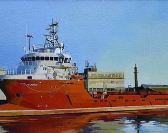 Ship vesel marine ocean harbour port original oil painting on streched canvas red blue 30x50cm sale not framed academic realistic fine art