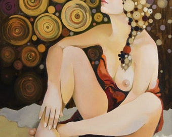 Figurative Art Nude fine art erotic dreamer sleeping Venus red brown yellow bedroom original one of kind 50x60x2,5cm oil on streched canvas