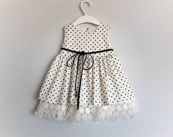 Baby girl dress black and white sleeve less size 3-6 month girl baby shower gift cotton silk dress unique one of kind dotted kids dress