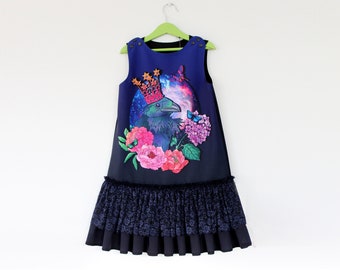 Royal girl dress 8 Y crow print one of kind sleeve less sarafan dark blue lace kids dress birthday present for girl bohemian steampunk style