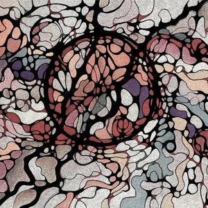 May include: Abstract art print featuring a black and white design with a central focus of overlapping organic shapes in shades of pink, red, purple, and gray.