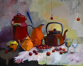Red still life Oil painting original one of kind dishes cherry streched canvas 80x60cm kitchen art country style academic realistic honey