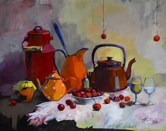 Nature morte rouge, peinture à l'huile originale unique en son genre, vaisselle, toile tendue, 80 x 60 cm, art de la cuisine, style campagnard, universitaire, réaliste, miel