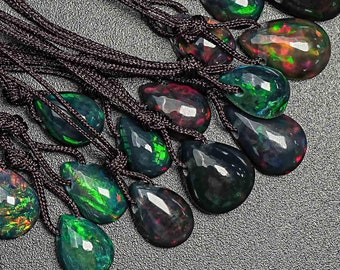 AAA Natural Black Smoked Ethiopian Opal Pendant-Flash Green/Red Black Fire Opal Top Drilled Pear Cabochon Gemstone Pendant/Earrings