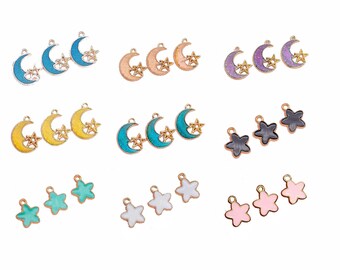 6 Pcs Moon / Star Enamel Charms - Gold Tone With Color Enamel For Bracelet Necklace DIY Jewelry