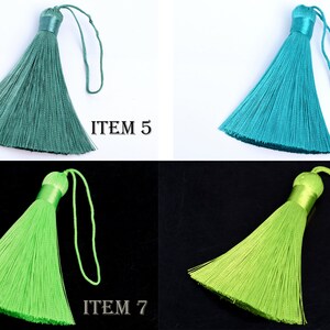 May include: Four colorful tassels in shades of teal, turquoise, and lime green. Each tassel has a satin-wrapped top and a matching cord for hanging. The image includes the text "ITEM 5", "ITEM 6", "ITEM 7", and "ITEM 8".