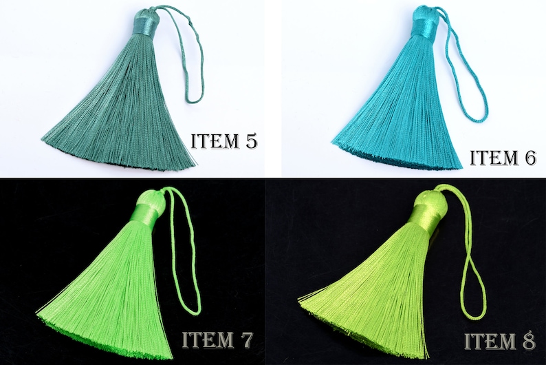 May include: Four colorful tassels in shades of teal, turquoise, and lime green. Each tassel has a satin-wrapped top and a matching cord for hanging. The image includes the text "ITEM 5", "ITEM 6", "ITEM 7", and "ITEM 8".