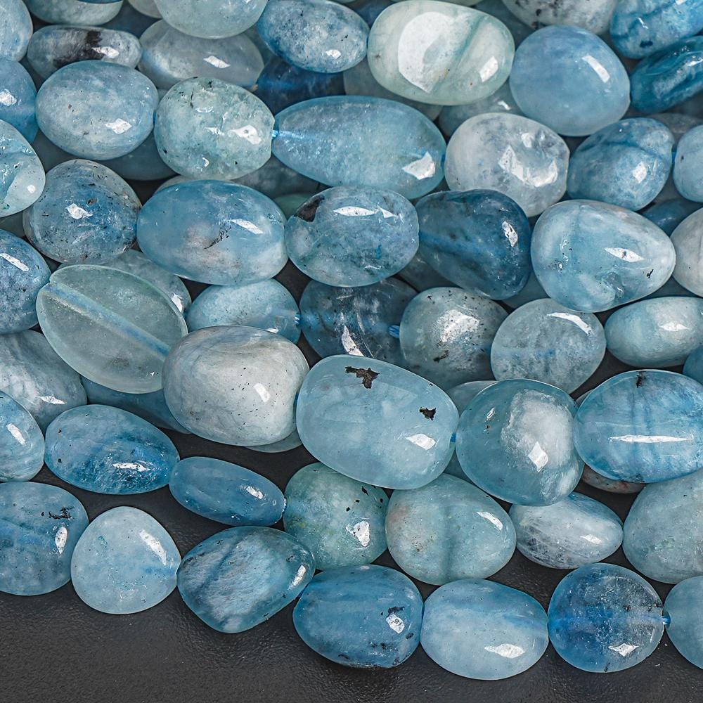Genuine Natural Light Blue Aquamarine Biotite Inclusions Loose Beads Pebble Chips Shape 7-9mm