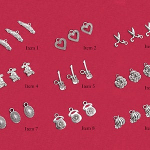 May include: Assortment of silver charm pendants featuring various designs, including cars, hearts, scissors, rabbits, guitars, flowers, eggs, telephones, and pumpkins.