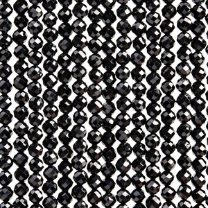 May include: A strand of black faceted gemstone beads. The beads are round and have a shiny finish.