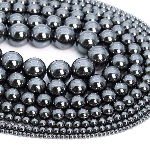 Perles en hématite noire naturelle véritable forme ronde 6 mm 8 mm 10 mm