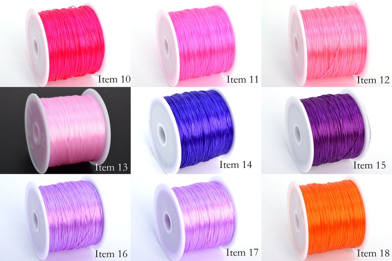 May include: Nine spools of elastic cord in various colors, including pink, purple, and orange. Each spool is labeled with an item number from 10 to 18.