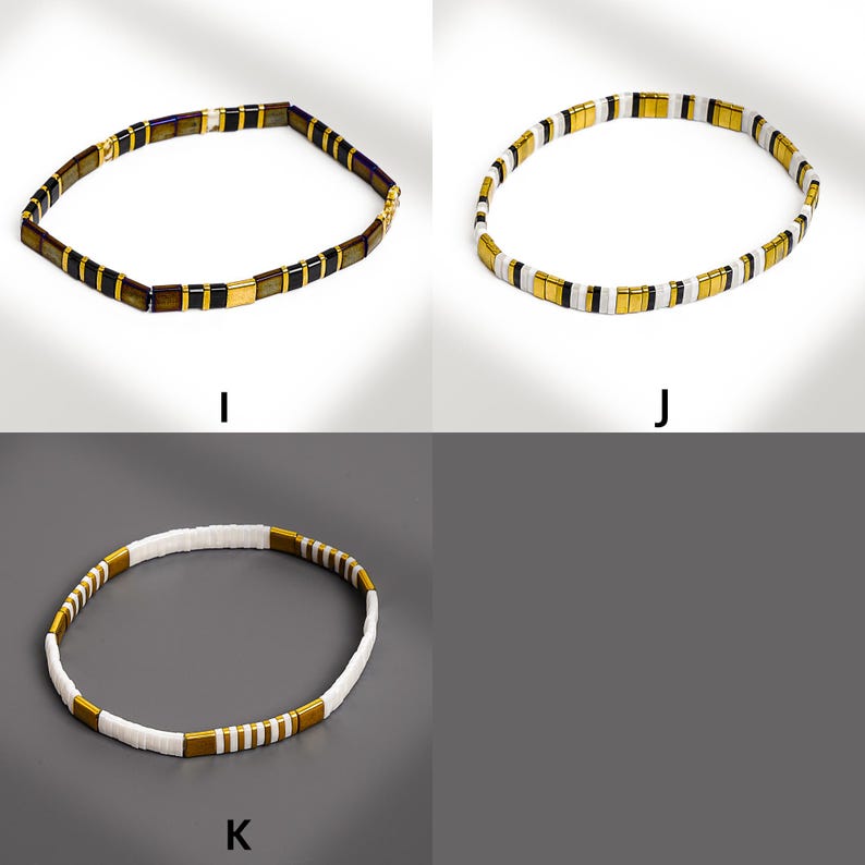 May include: Three beaded necklaces in different color combinations. One necklace features dark brown, gold, and black beads. Another has white, gold, and black beads. The third necklace has white and gold beads.