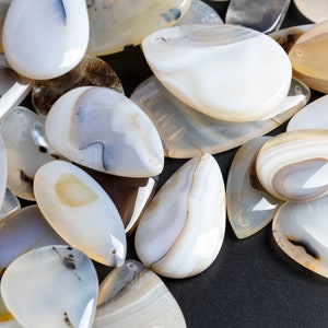 Può includere: Una collezione di ciondoli in agata bianca e marrone con una finitura liscia e lucida. I ciondoli hanno una forma a goccia e presentano una varietà di motivi e texture.