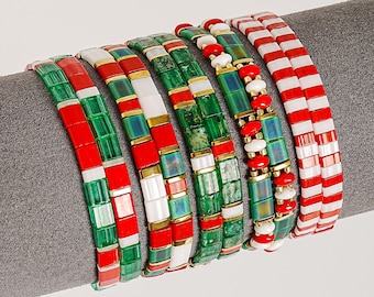 Christmas-Tile Tila Bracelet,New Year Stackable Boho Glass Bead Bracelets,Good Wishes Jewelry Gifts