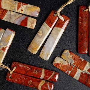 Rare Natural Red River Jasper Earring-Long Rectangle Jasper Top Drilled Matched Cabochon Gemstone Earring Bead Pair