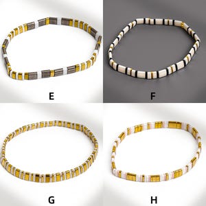 May include: Four bracelets with a mosaic tile design. The bracelets are in various color combinations, including gold, white, black, and silver. The bracelets are labeled E, F, G, and H.