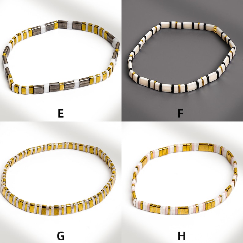 May include: Four bracelets with a mosaic tile design. The bracelets are in various color combinations, including gold, white, black, and silver. The bracelets are labeled E, F, G, and H.