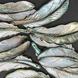 Pode incluir: Uma coleção de penas de concha de abalone iridescente. As penas são esculpidas com detalhes intrincados e têm um aspecto natural e orgânico.